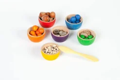 Grapat 6 houten kommetjes en 36 knikkers - 6 kleuren - Best