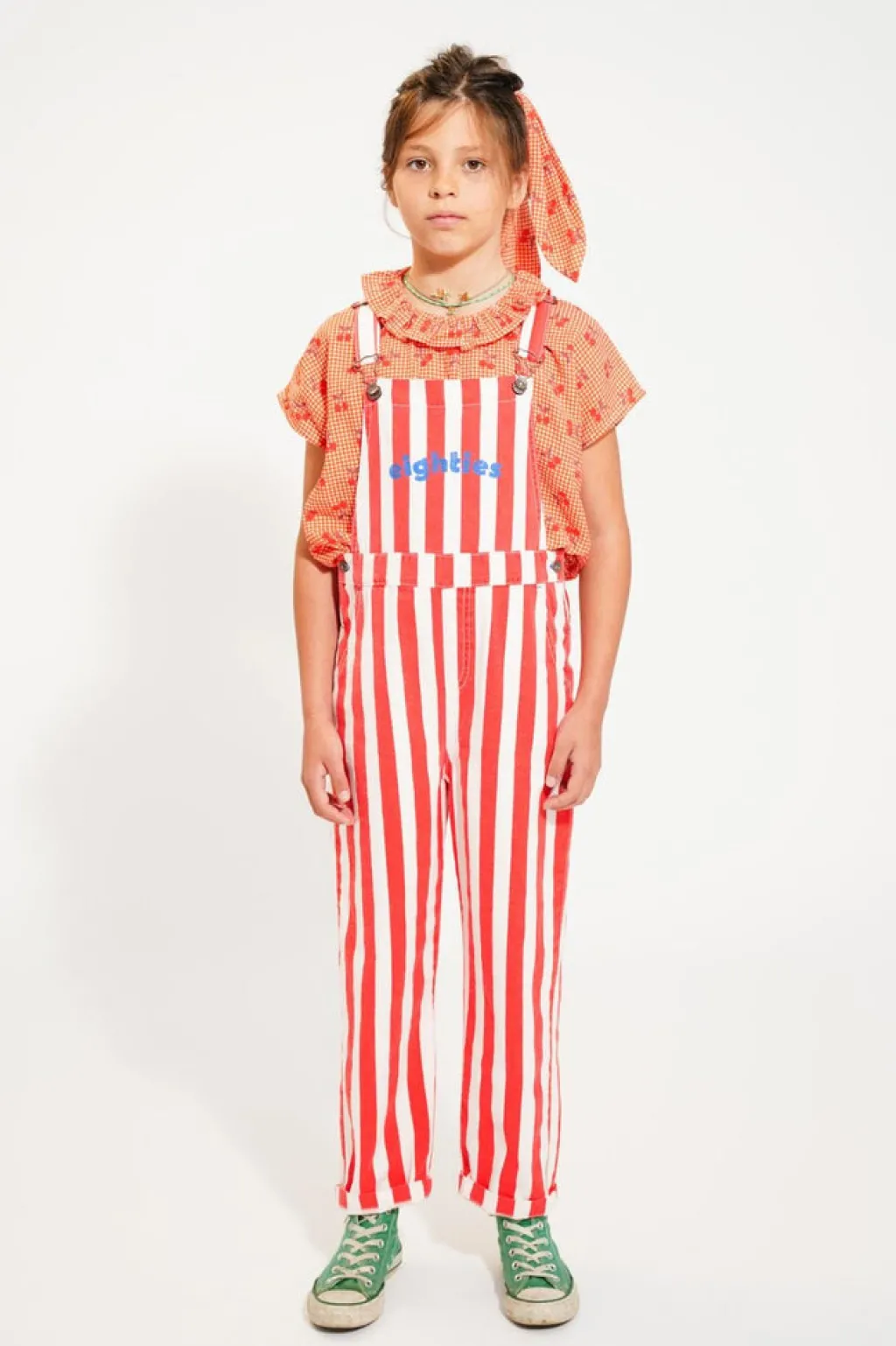 Piupiuchick Tuinbroek - witte & rode strepen met "eighties"-print -